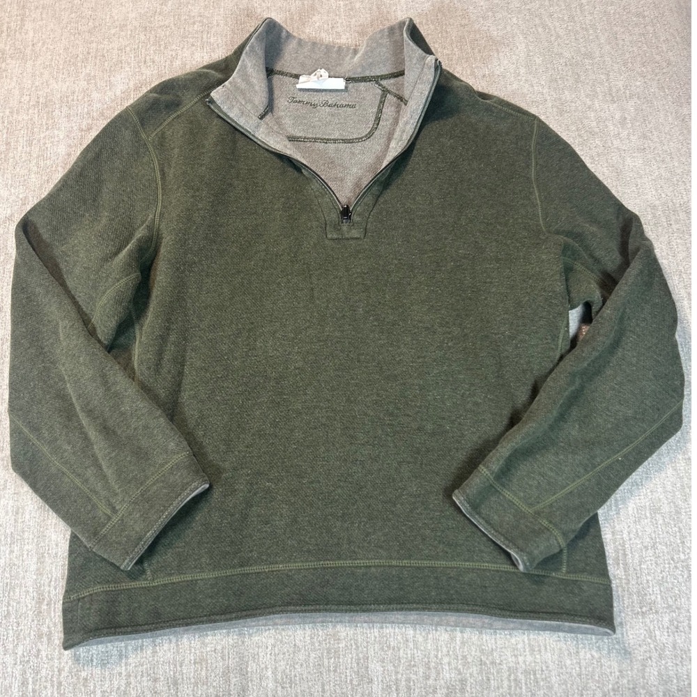 Tommy Bahama Mens Reversible‎ Quarter Zip Pullover Green Gray Marl Size M